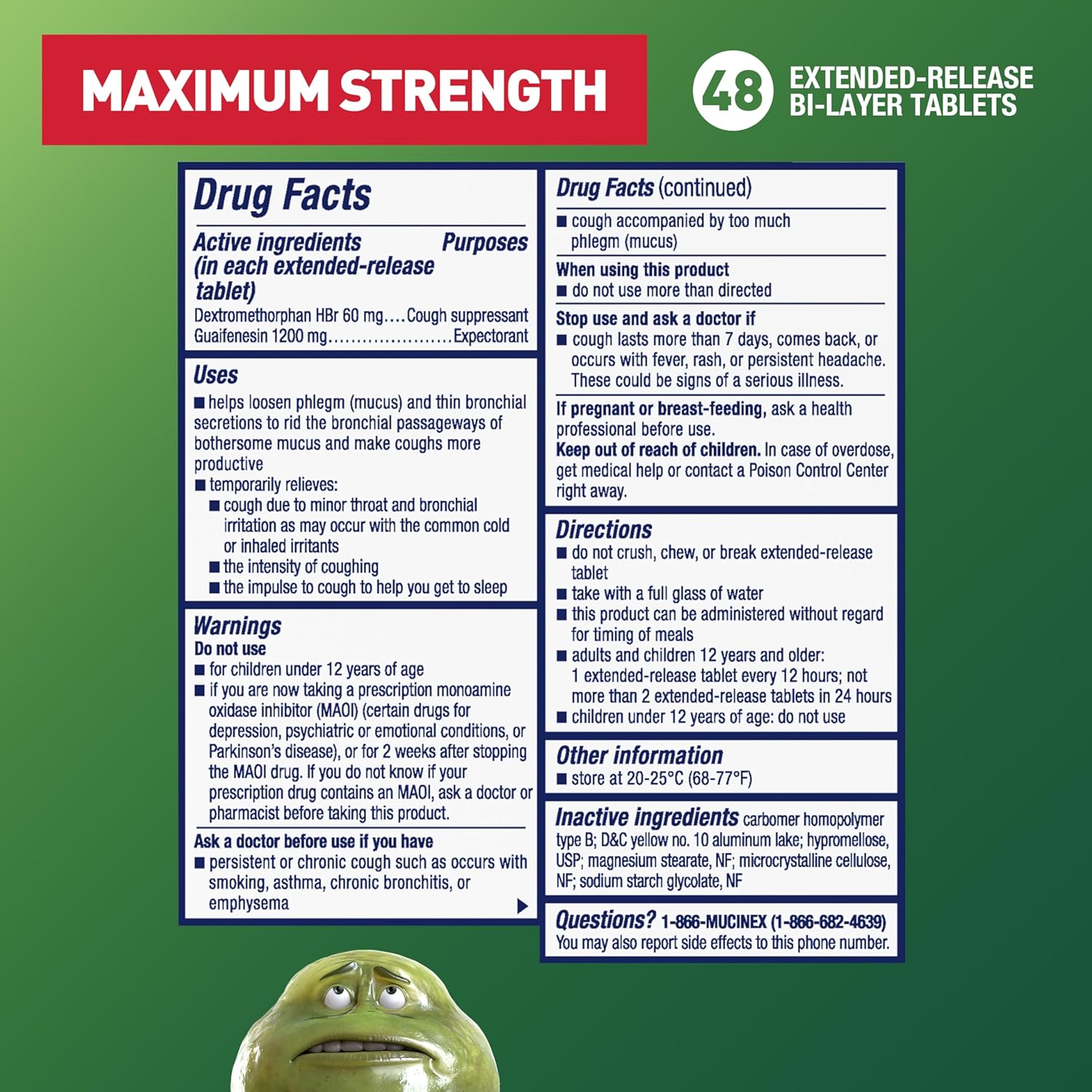 Mucinex Dm 12Hr Maximum Strength Chest Congestion & Cough Medicine For Adults, Cold And Cough Medicine For Excess Mucus Relief, 1200 Mg Guaifenesin & 60 Mg Dextromethorphan Hbr, 48 Bi-Layer Tablets : Health & Household