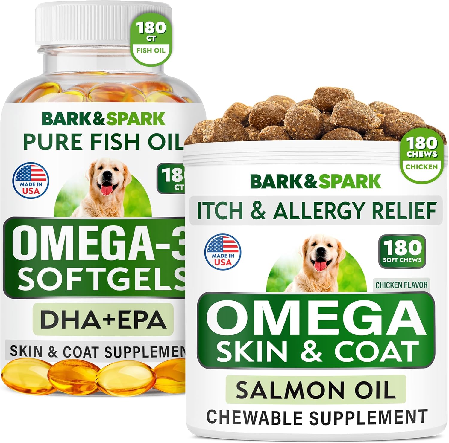 Bark&Spark Omega 3 For Dogs Bundle - Anti-Itch Skin + Skin Allergy - Omega 3 Fish Oil + Epa & Dha Fatty Acids - Itching & Paw Licking + Itch Relief - 180 Softgels + 180 Chews - Made In Usa…