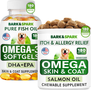 Bark&Spark Omega 3 For Dogs Bundle - Anti-Itch Skin + Skin Allergy - Omega 3 Fish Oil + Epa & Dha Fatty Acids - Itching & Paw Licking + Itch Relief - 180 Softgels + 180 Chews - Made In Usa…