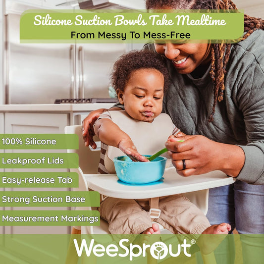 WeeSprout Suction Bowls for Baby & Toddlers (Set of 2) - 100% Silicone w/Plastic Lid - Leak Proof Feeding Supplies - Dishwasher & Microwave Safe Infant Dinnerware w/Extra Strong Base