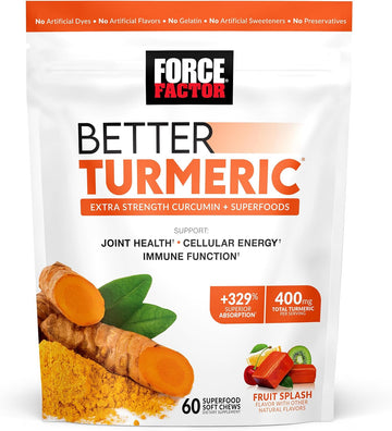 Force Factor Better Turmeric Joint Support Supplement for Extra Strength Joint Health, Featuring HydroCurc Turmeric Curcumin with Black Pepper for Superior Absorption, Fruit Splash, 60 Soft Chews