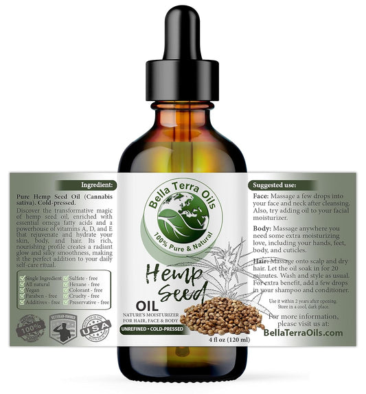Bella Terra Oils - Hemp Seed Oil 4oz - Unleashing the Power of Cold-Pressed Hemp Nutrition, Vitamin B1 & B2, Elevate Your Beauty Routine with Nature’s Best