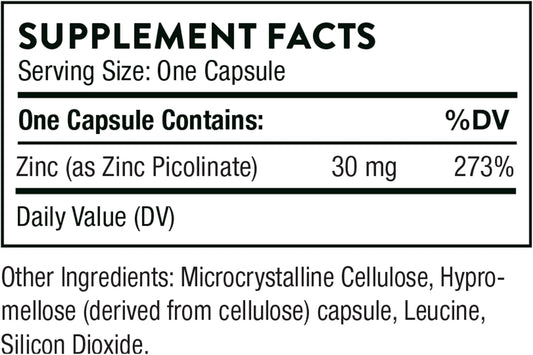 Thorne Zinc Picolinate 30 Mg - Well-Absorbed Zinc Supplement For Growth And Immune Function - 60 Capsules