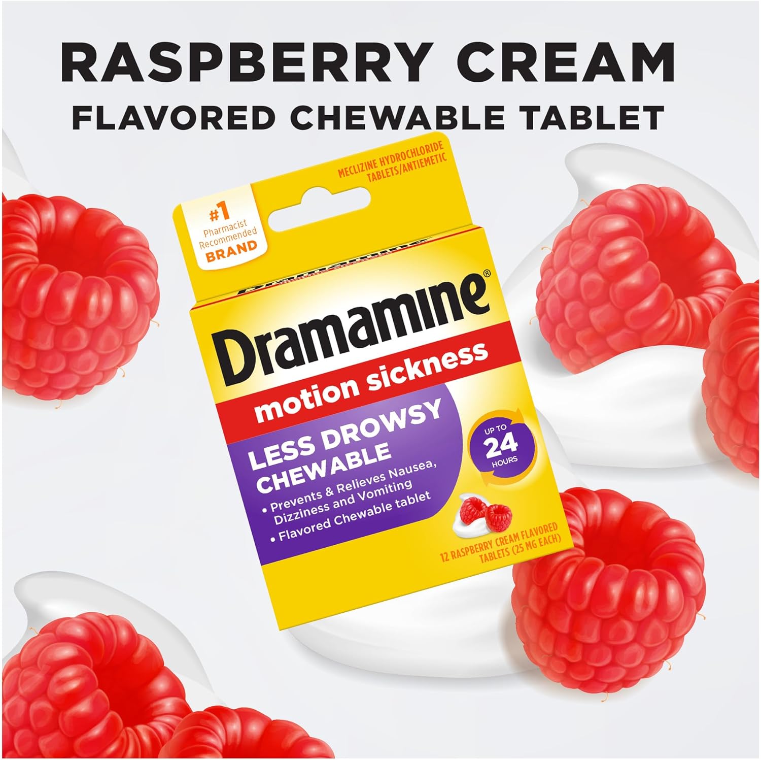 Dramamine Chewable Less Drowsy, Motion Sickness Relief, Raspberry Cream Flavor, 12 Count : Health & Household