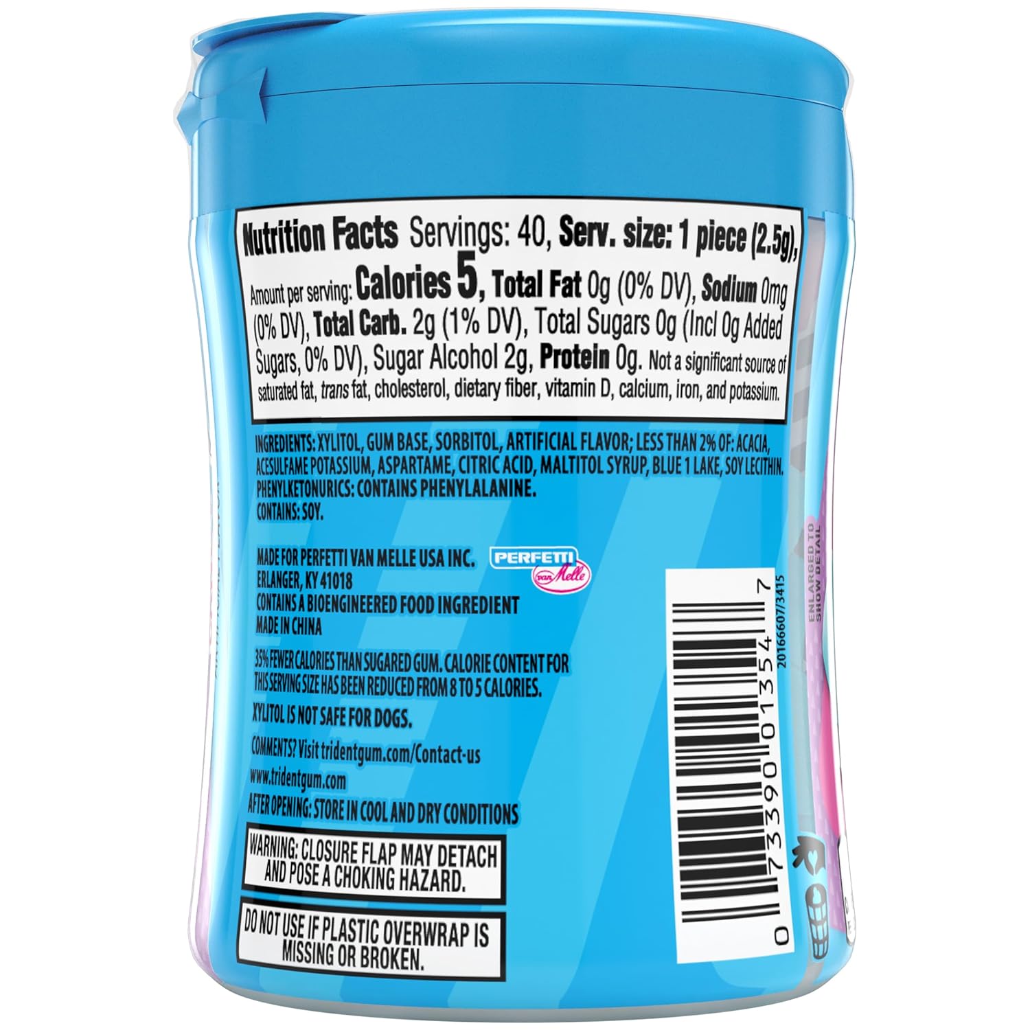 Trident Vibes Cotton Candy Sugar Free Chewing Gum, 40 Piece Bottle