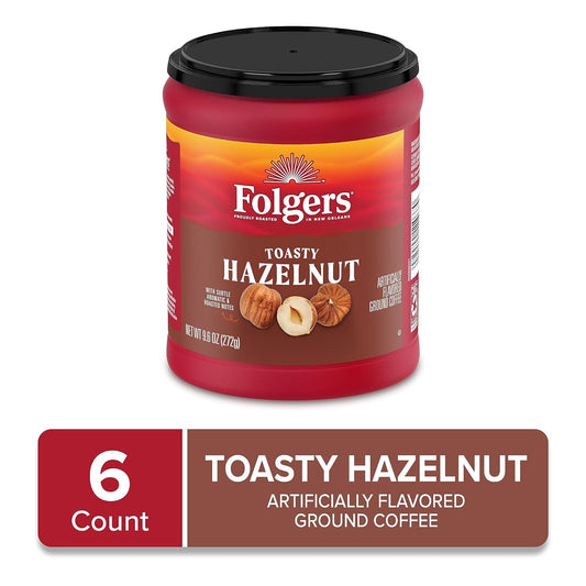 Folgers Toasty Hazelnut Flavored Ground Coffee, 9.6 Ounce Canister (Pack of 6)