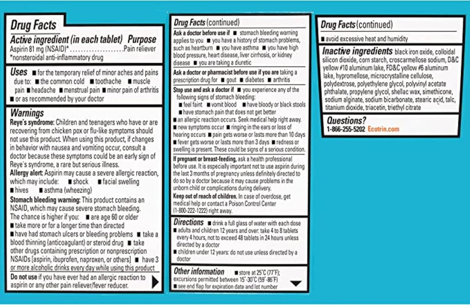 Ecotrin Safety Coated Aspirin Pain Reliever Tablets, Low Strength, NSAID 81mg, 150 ct (Pack of 1) : Health & Household