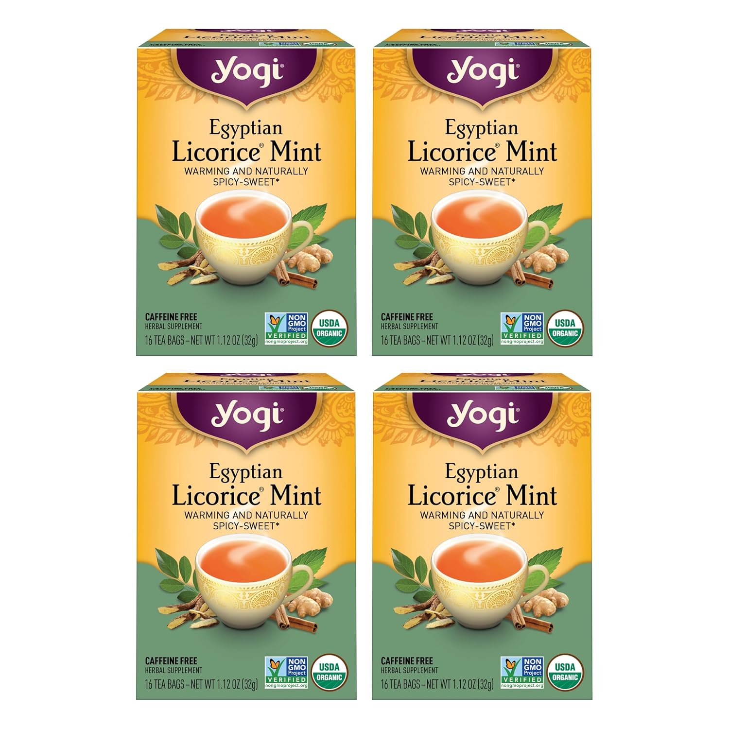Yogi Tea Egyptian Licorice Mint Tea - 16 Tea Bags Per Pack (4 Packs) - Caffeine-Free Organic Tea - Includes Peppermint Leaf, Licorice Root, Cinnamon Bark, Cardamom Pod, Ginger Root & More