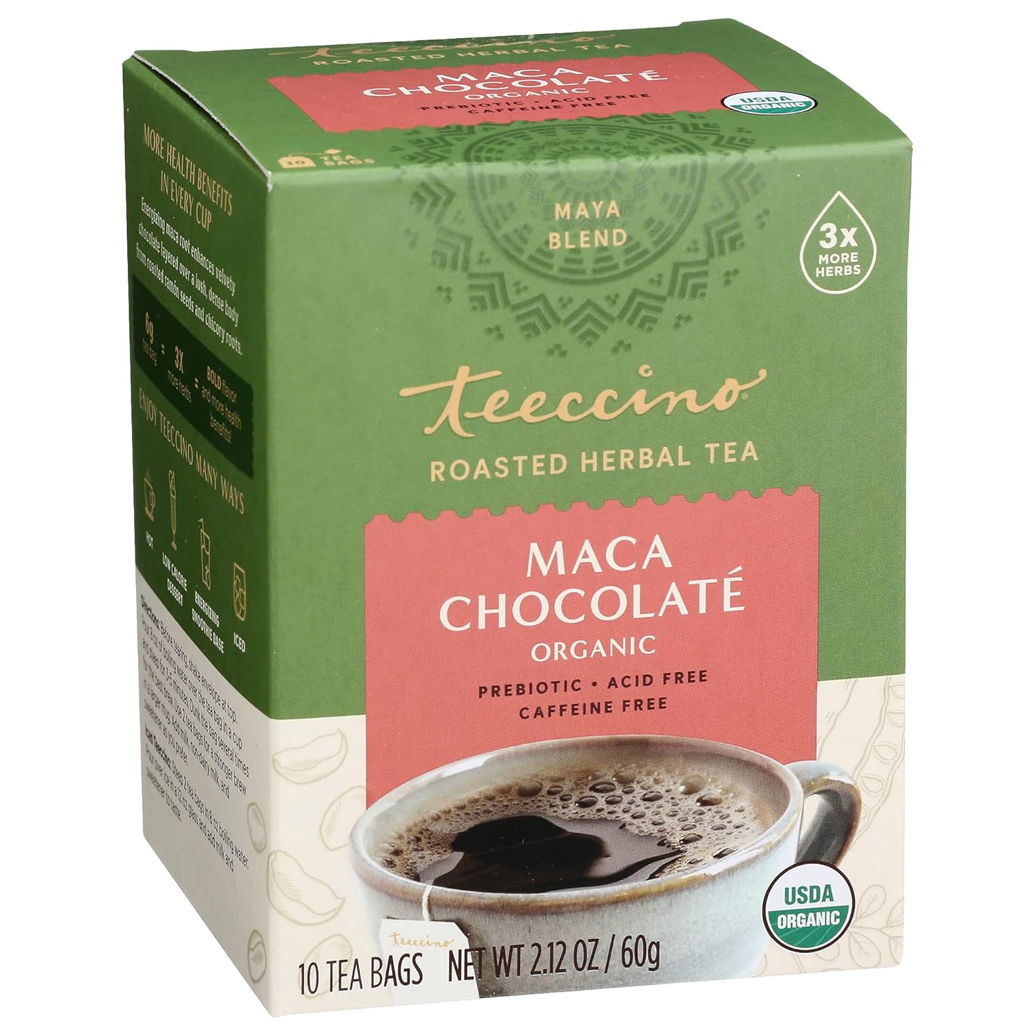 Teeccino Maca Chocolaté Herbal Tea - Rich & Roasted Herbal Tea That’S Caffeine Free & Prebiotic With Natural Energy From Adaptogenic Peruvian Maca, 10 Tea Bags