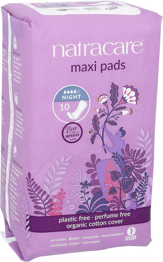 Natracare Natural Traditional Style Night Time Maxi Pads, Individually Wrapped, Without Wings in Plant-Based Bag (1 Pack, 10 Pads Total)