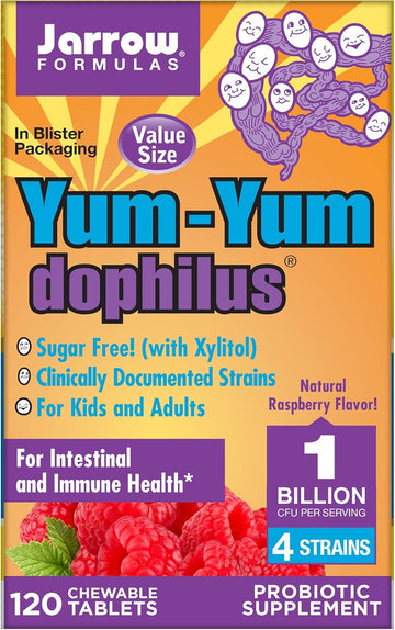 Jarrow Formulas Yum-Yum Dophilus, Natural Raspberry Probiotic Supplement - 1 Billion Organisms Per Serving - 120 Chewable Tablets - Intestinal & Immune Health - For Kids & Adults (Packaging May Vary)