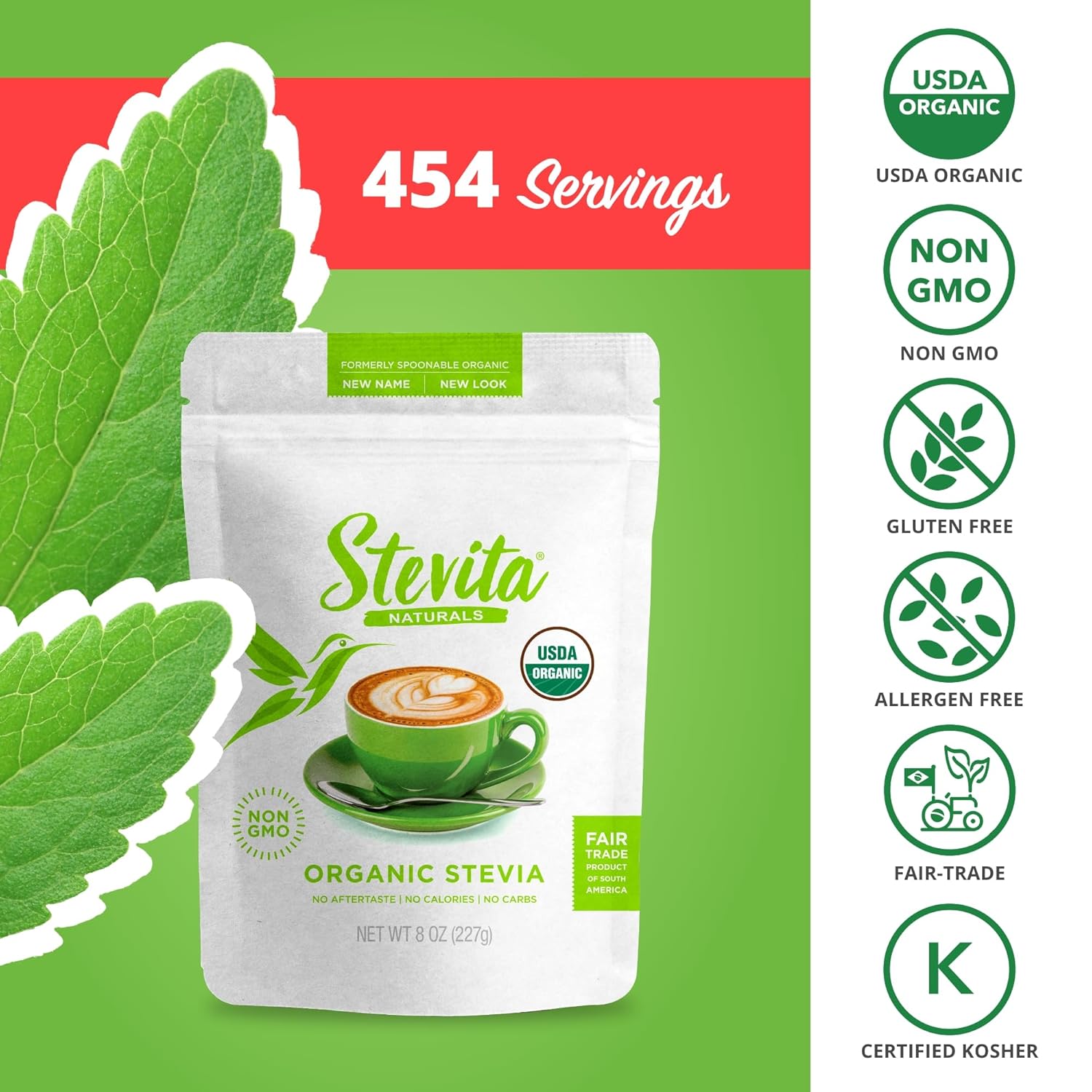 Stevita Organic Stevia - 8 Oz Pouch - All-Natural Stevia Extract, Natural Sweetener, No Calories - Usda Organic, Non-Gmo, Vegan, Kosher, Keto, Paleo, Gluten Free - 454 Servings