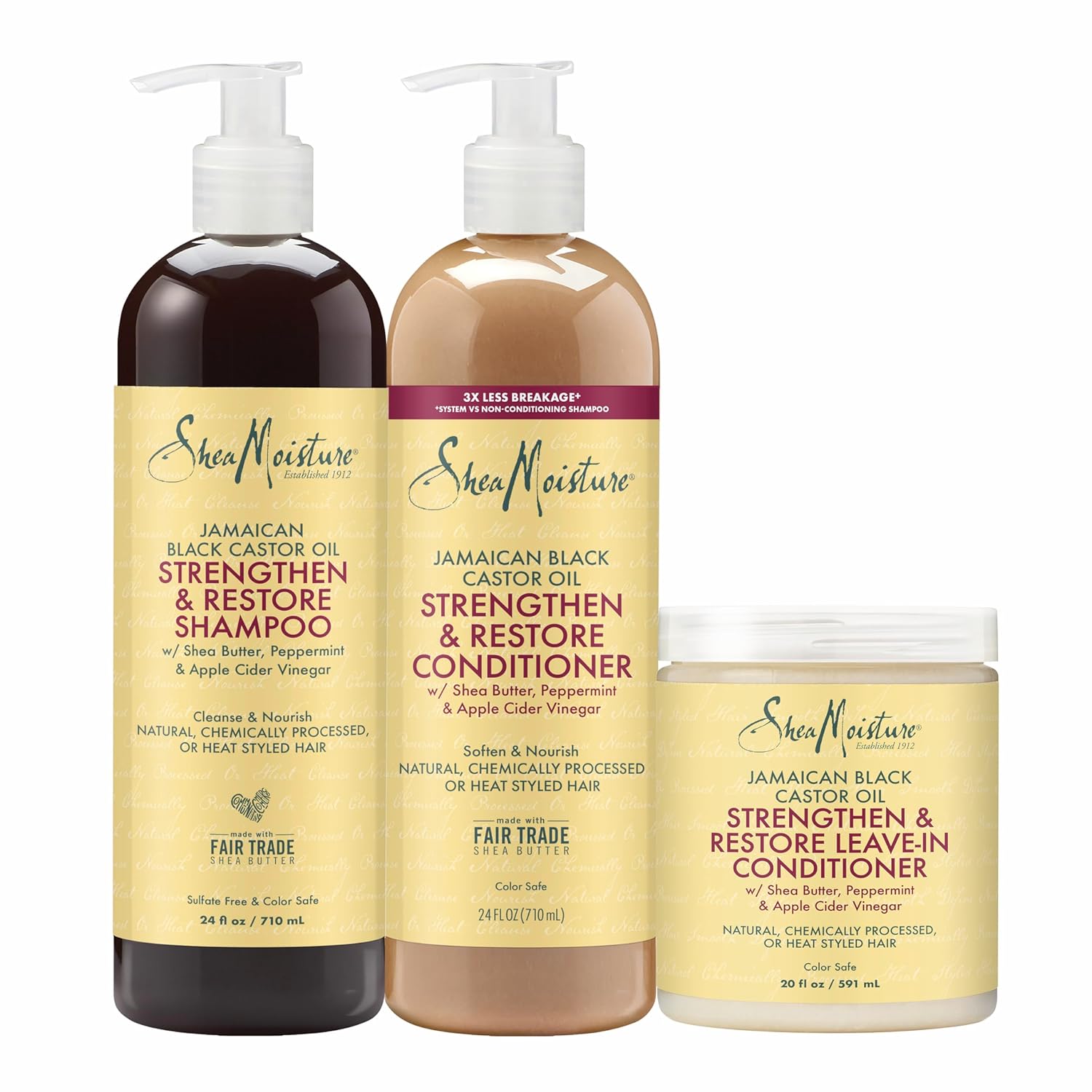 Sheamoisture Strengthen & Restore Shampoo, Conditioner & Leave-In Bundle Jamaican Black Castor Oil 3 Pack To Cleanse & Nourish Dry, Damaged Hair