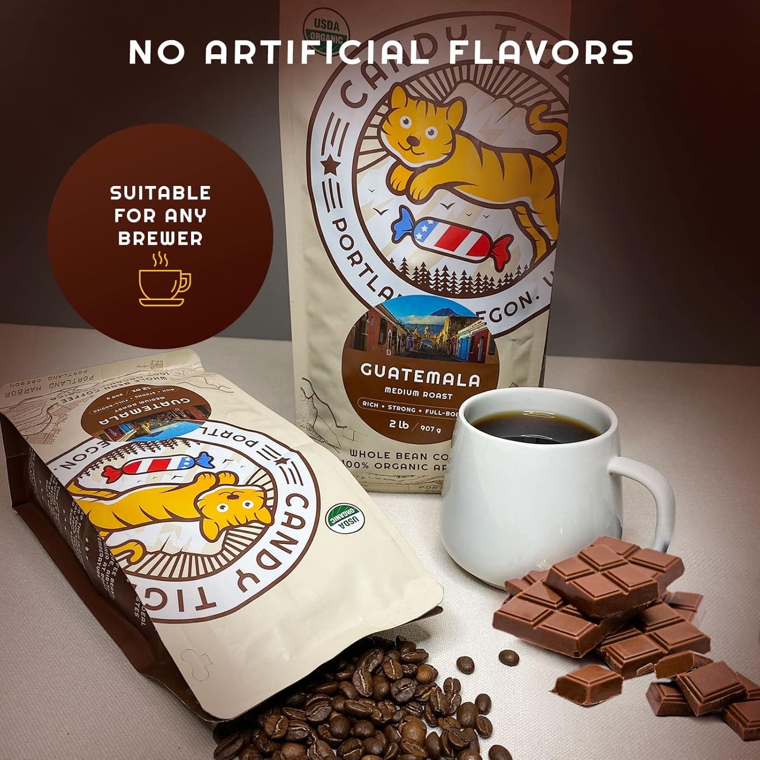 Candy Tiger - Guatemala - Whole Bean - Certified Organic - Medium Roasted - 100% Arabica - Small-Batch - Artisan - 2 Lb