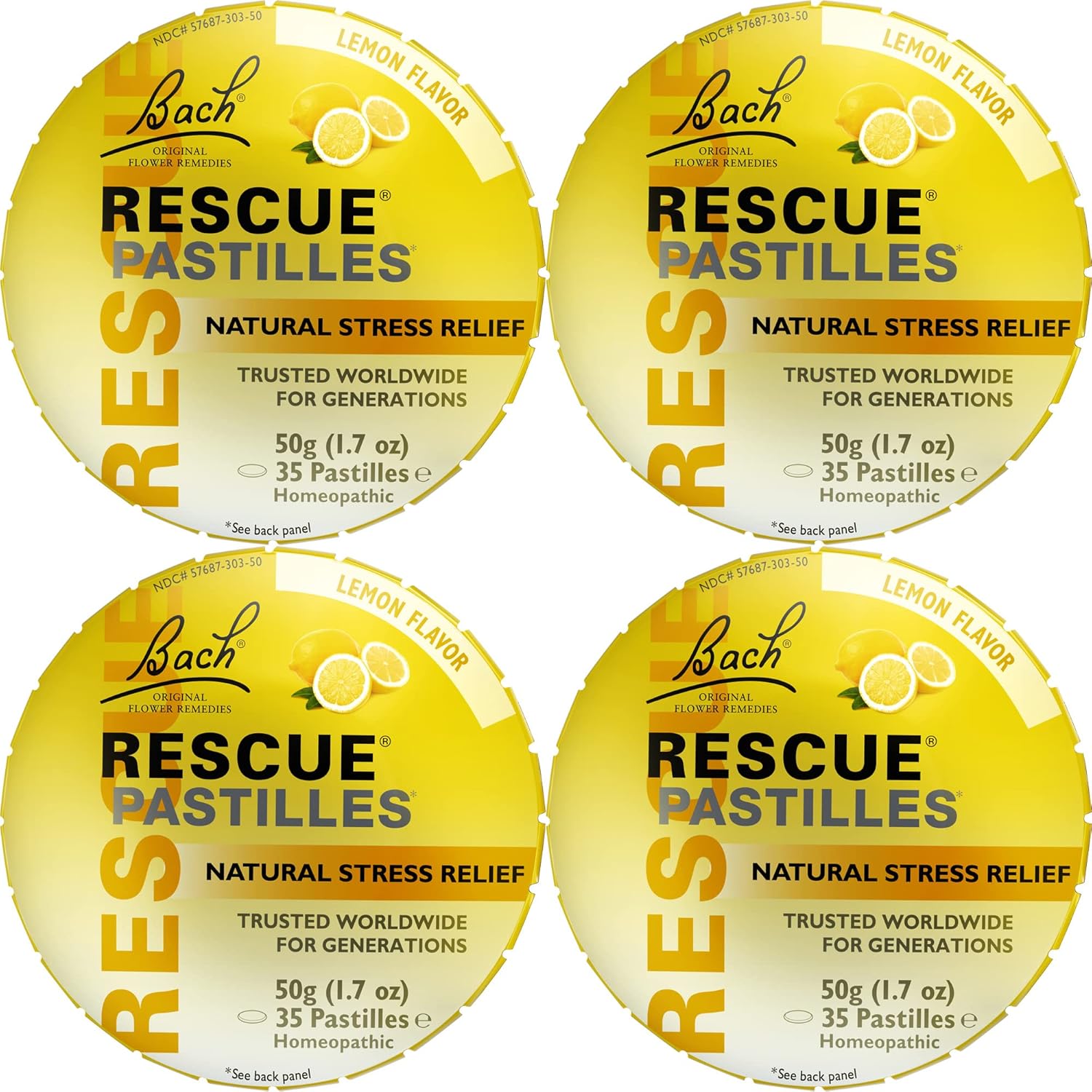 Bach Rescue Pastilles, Lemon Flavor, Natural Stress Relief Lozenges, Homeopathic Flower Essence, Vegetarian, Gluten & Sugar-Free, 35 Count, 4 Pack