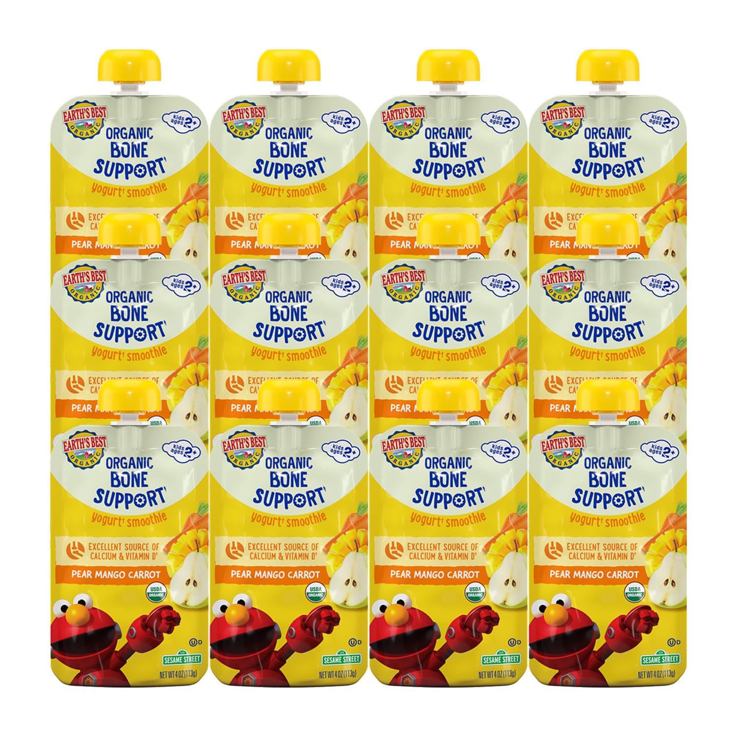 Earth'S Best Organic Kids Snacks, Sesame Street Toddler Snacks, Bone Support Fruit + Veggie Smoothie For Toddlers 2 Years And Older, Pear Mango Carrot, 4 Oz (Pack Of 12)