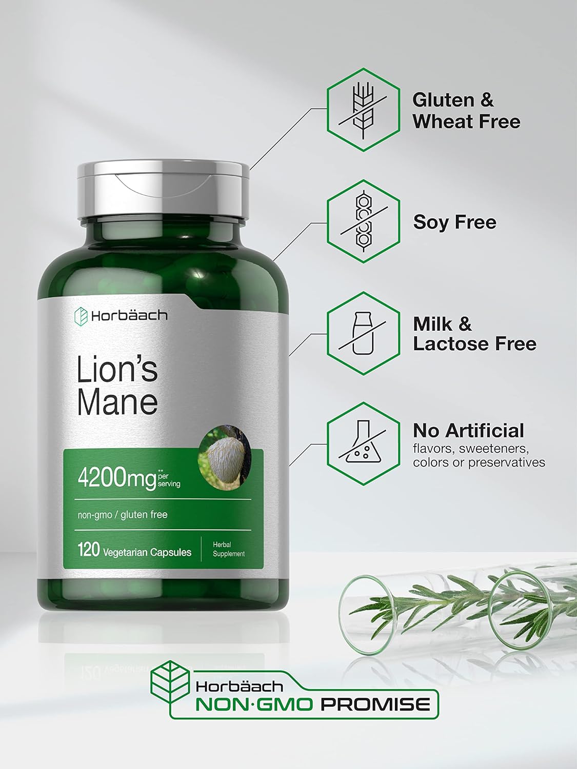 Horbäach Lions Mane Mushroom Extract | 4200mg | 120 Capsules | Vegetarian, Non-GMO, Gluten Free Supplement : Health & Household