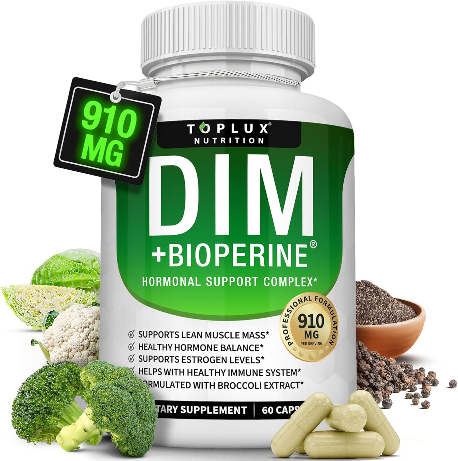 Dim Supplement 910 mg Plus BioPerine Complex - Diindolylmethane to Support Hormone Balance and Estrogen Metabolism, Helps with Menopause Acne PCOS Better Skin Bodybuilding, for Men Women, 60 Capsules