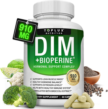 Dim Supplement 910 mg Plus BioPerine Complex - Diindolylmethane to Support Hormone Balance and Estrogen Metabolism, Helps with Menopause Acne PCOS Better Skin Bodybuilding, for Men Women, 60 Capsules