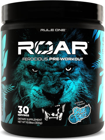 Rule 1 R1 Roar, Blue Razz - 10.58 oz - Pre-Workout Powder - with Creat