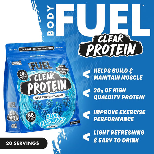 Bodyfuel Clear Protein - Beef Protein Isolate - Clear & Refreshing - Best Low Sugar & Lactose-Free Protein Supplement - Muscle Support (500G - 20 Servings) (Blue Raspberry)