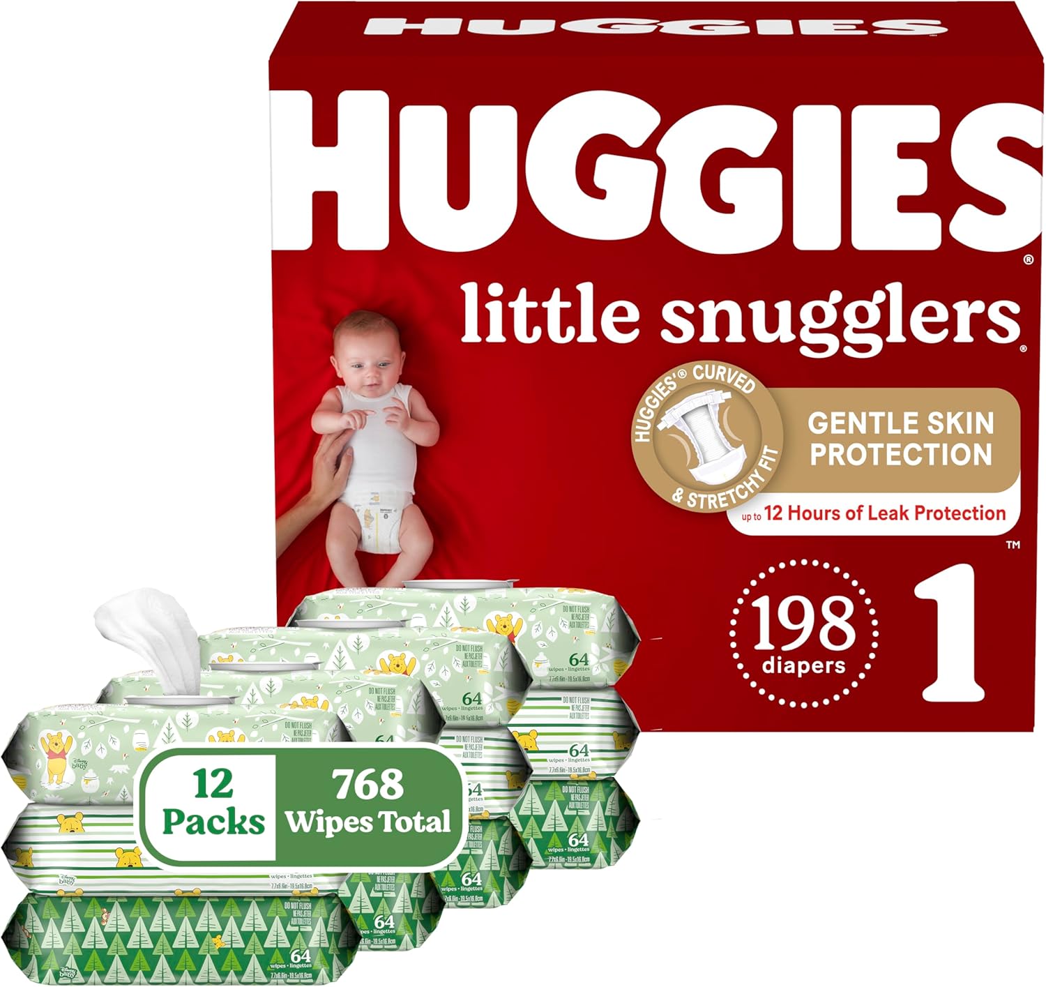 Huggies Little Snugglers Diapers & Wipes Bundle: Huggies Little Snugglers Size 1 Baby Diaper, 198Ct & Huggies Natural Care Sensitive Wipes, Unscented, 12 Packs (768 Wipes Total) (Packaging May Vary)