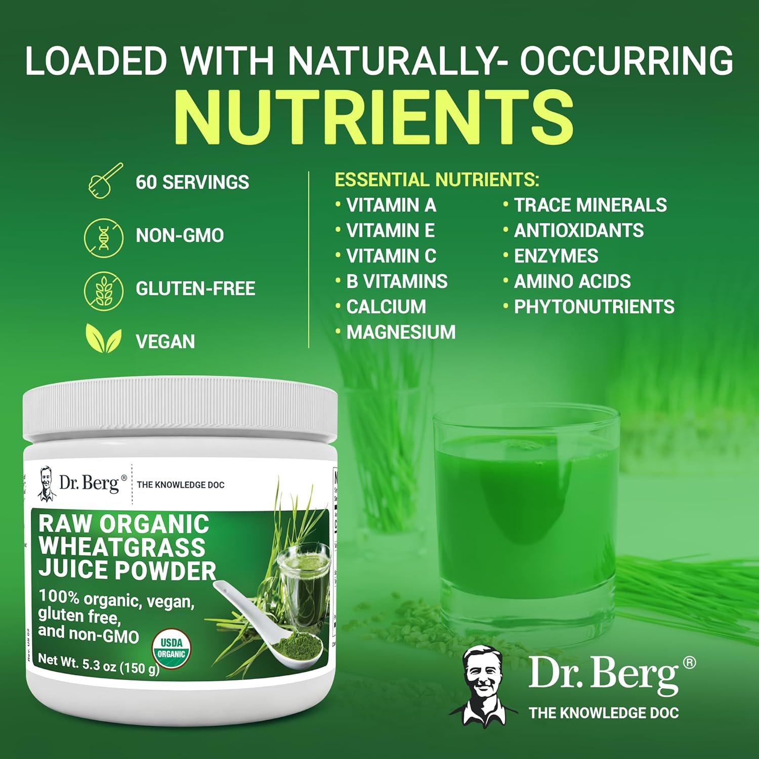 Dr. Berg's Wheatgrass Superfood Powder - Raw Juice Organic Ultra-Concentrated Rich in Vitamins and Nutrients - Chlorophyll and Trace Minerals - 60 Servings - Gluten-Free Non-GMO - 5.3 oz (1 Pack) : Grocery & Gourmet Food