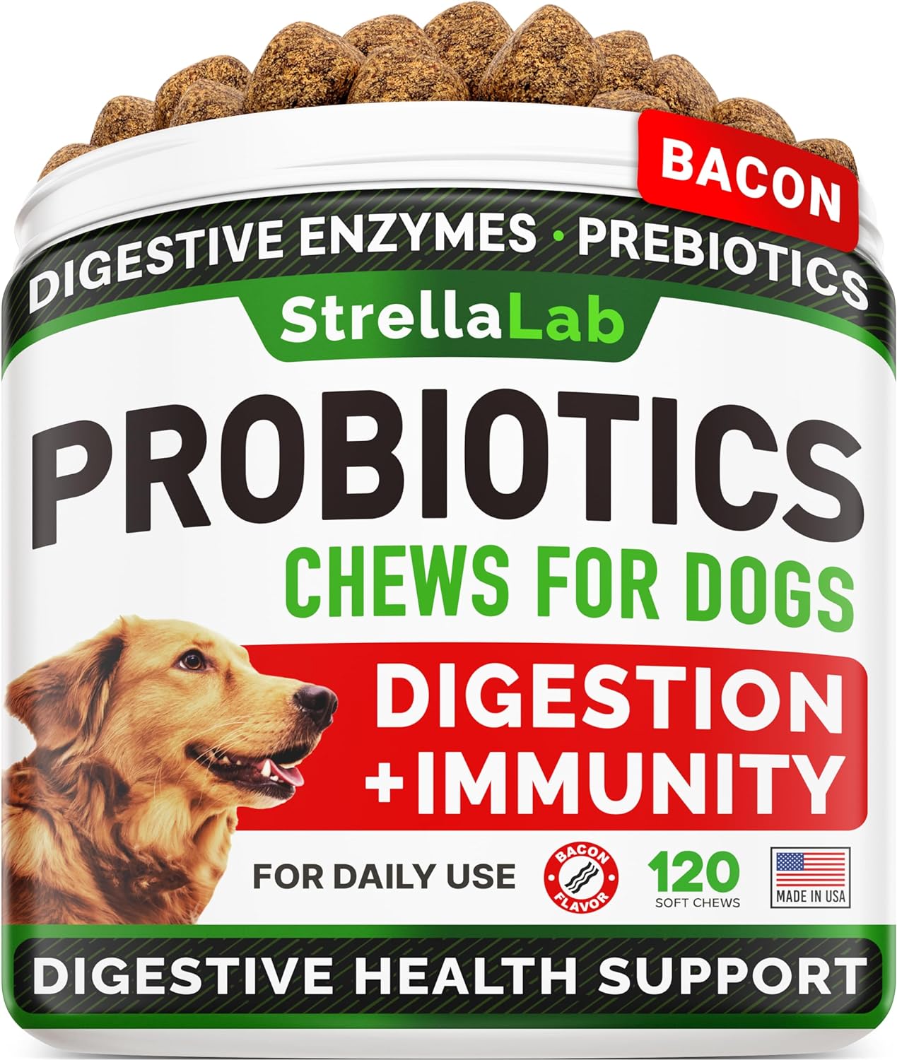 StrellaLab Dog Probiotics Treats for Picky Eaters - Digestive Enzymes + Prebiotics - Chewable Fiber Supplement - Allergy, Diarrhea, Gas, Constipation, Upset Stomach Relief - Improve Digestion&Immunity