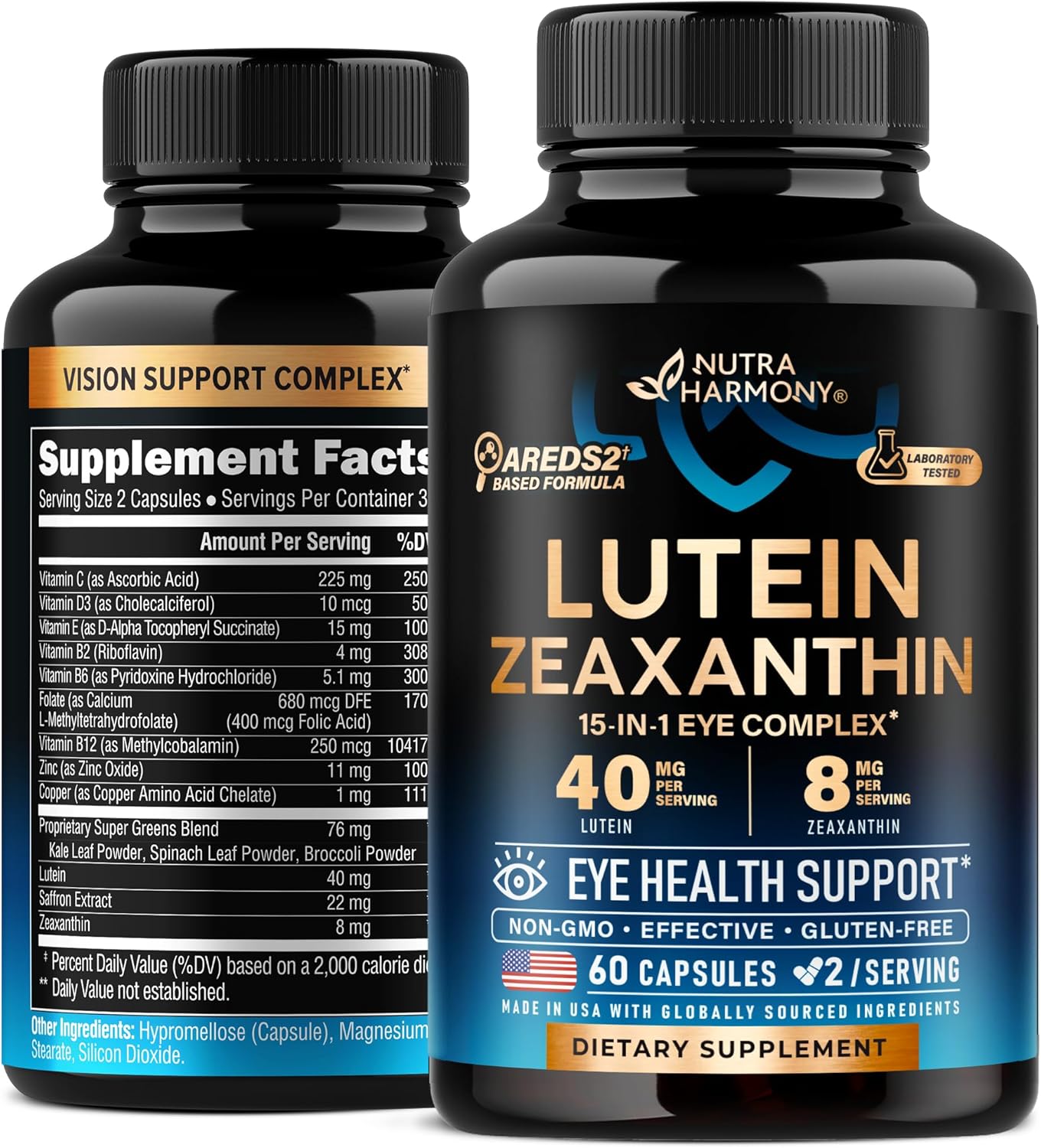 Eye Vitamins - Lutein 40 Mg & Zeaxanthin 8Mg - Areds2 Based Eye Supplement For Seniors & Adults - Eye Health & Vision Support - Saffron, Zinc, Vitamins, Copper & Super Greens - Made In Usa 60 Capsules