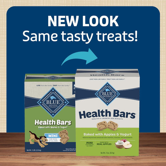 Blue Buffalo Mini Health Bars Crunchy Dog Biscuits, Oven-Baked With Natural Ingredients, Apples & Yogurt, 2-Lb. Box