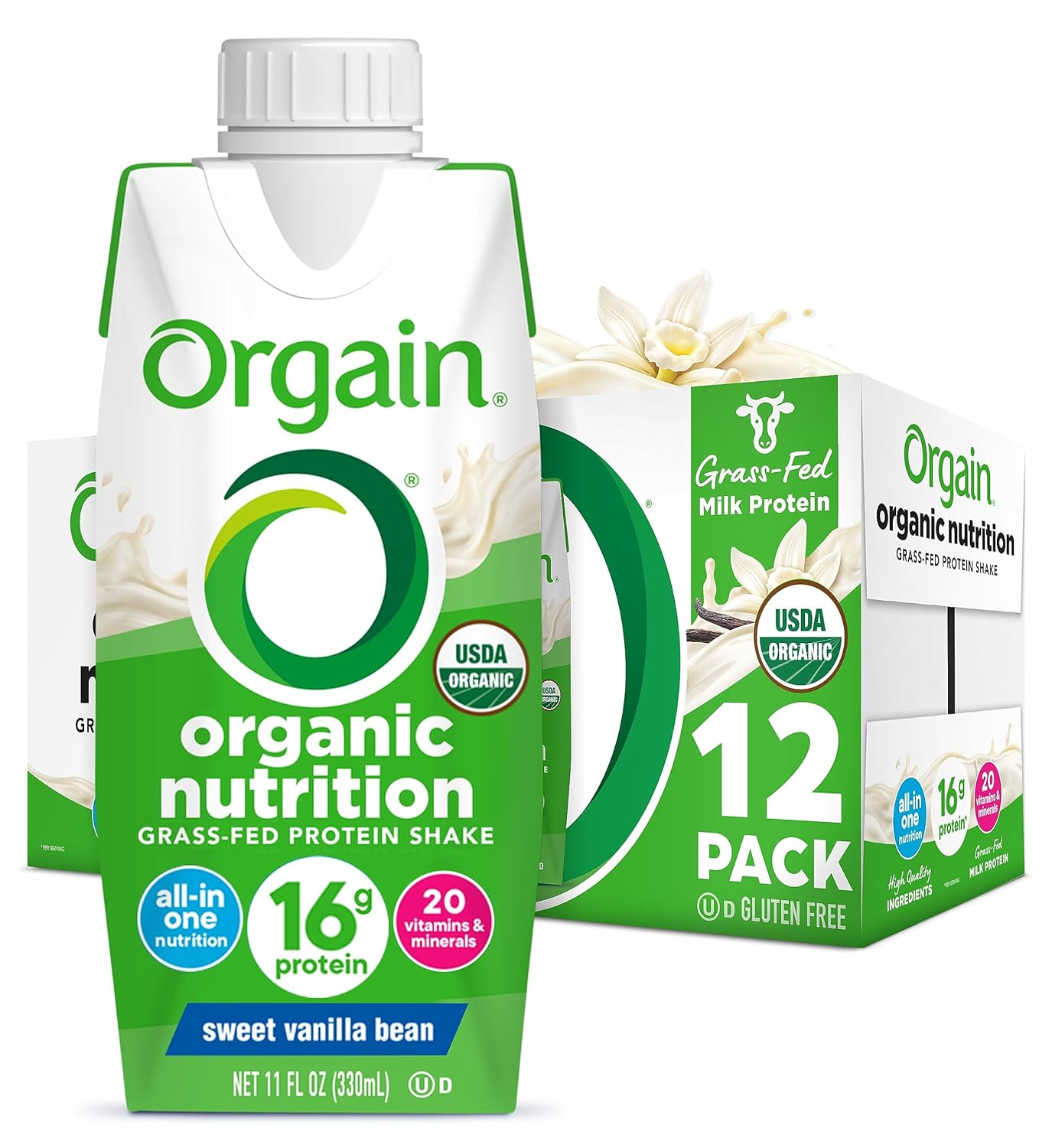 Orgain Organic Nutritional Protein Shake, Vanilla Bean - 16G Grass Fed Milk Protein, Meal Replacement, 20 Vitamins & Minerals, Fruits & Vegetables, Gluten Free, Non-Gmo, 11 Fl Oz (12 Pack)