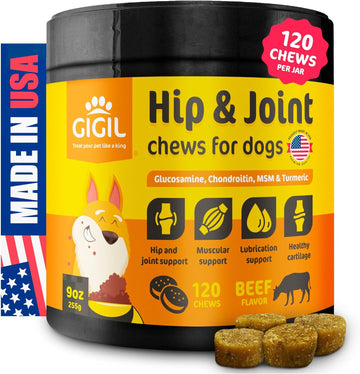 GIGIL Joint Support Supplement for Dogs – Hip and Joint Chews for Dogs with Glucosamine Chondroitin and MSM, Hyaluronic Acid – Dog Joint Supplement Large & Small Breeds – Beef Flavor – 9oz (120 Chews)