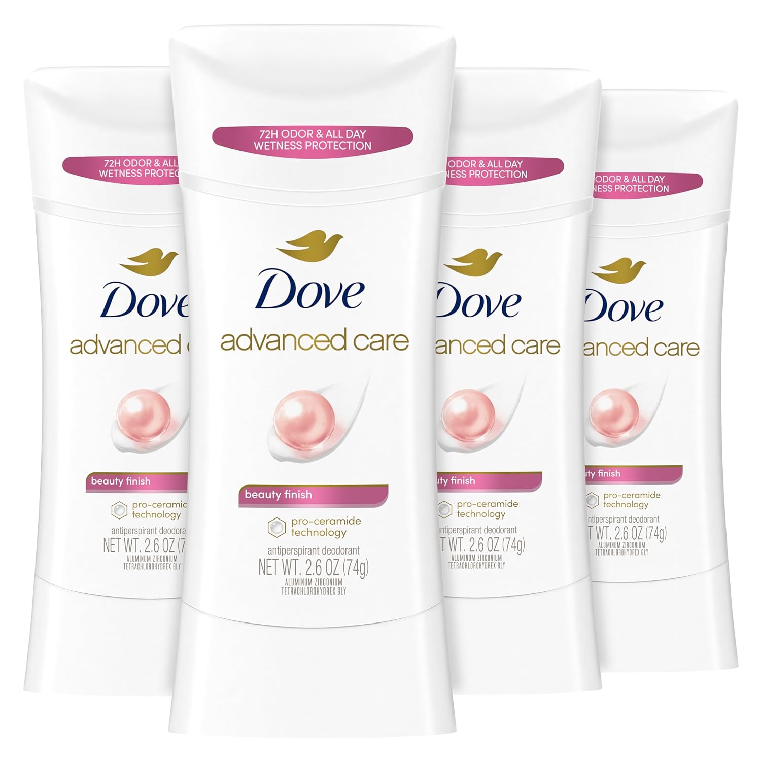 Dove Advanced Care Antiperspirant Deodorant Stick Beauty Finish 4 Count For Helping Your Skin Barrier Repair After Shaving 2.6 Oz