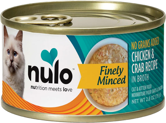 Nulo Grain-Free Finely Minced Wet Canned Cat & Kitten Food, Chicken And Crab In Broth, 2.8 Ounce, 12 Cans