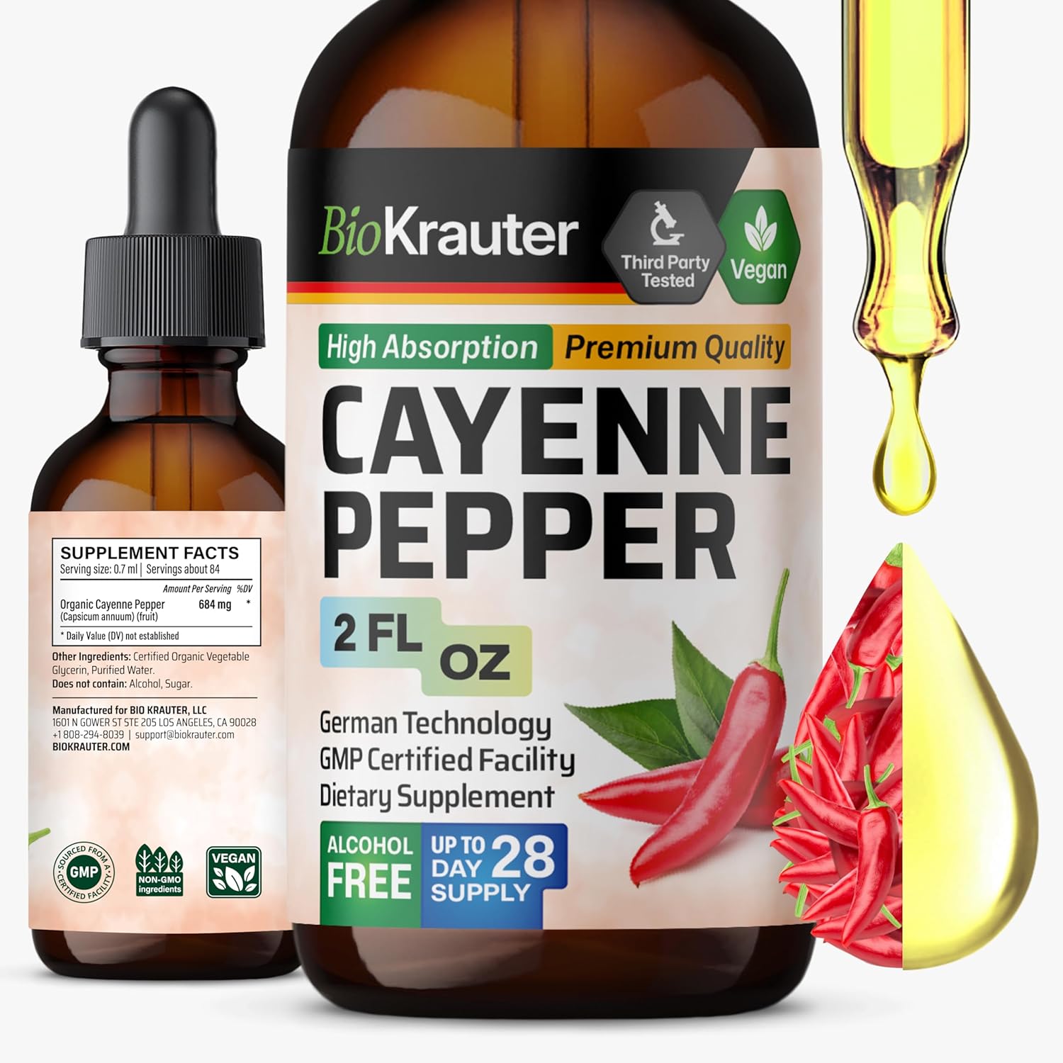 Bio Krauter Cayenne Pepper Drops - Liquid Cayenne Pepper Supplements - Natural Capsaicin Extract For Digestive Support - Pure Formula - Vegan Sugar & Alcohol Free - 2 Fl. Oz
