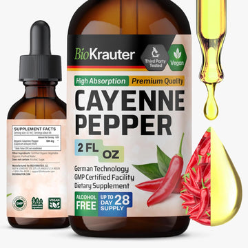 Bio Krauter Cayenne Pepper Drops - Liquid Cayenne Pepper Supplements - Natural Capsaicin Extract For Digestive Support - Pure Formula - Vegan Sugar & Alcohol Free - 2 Fl. Oz