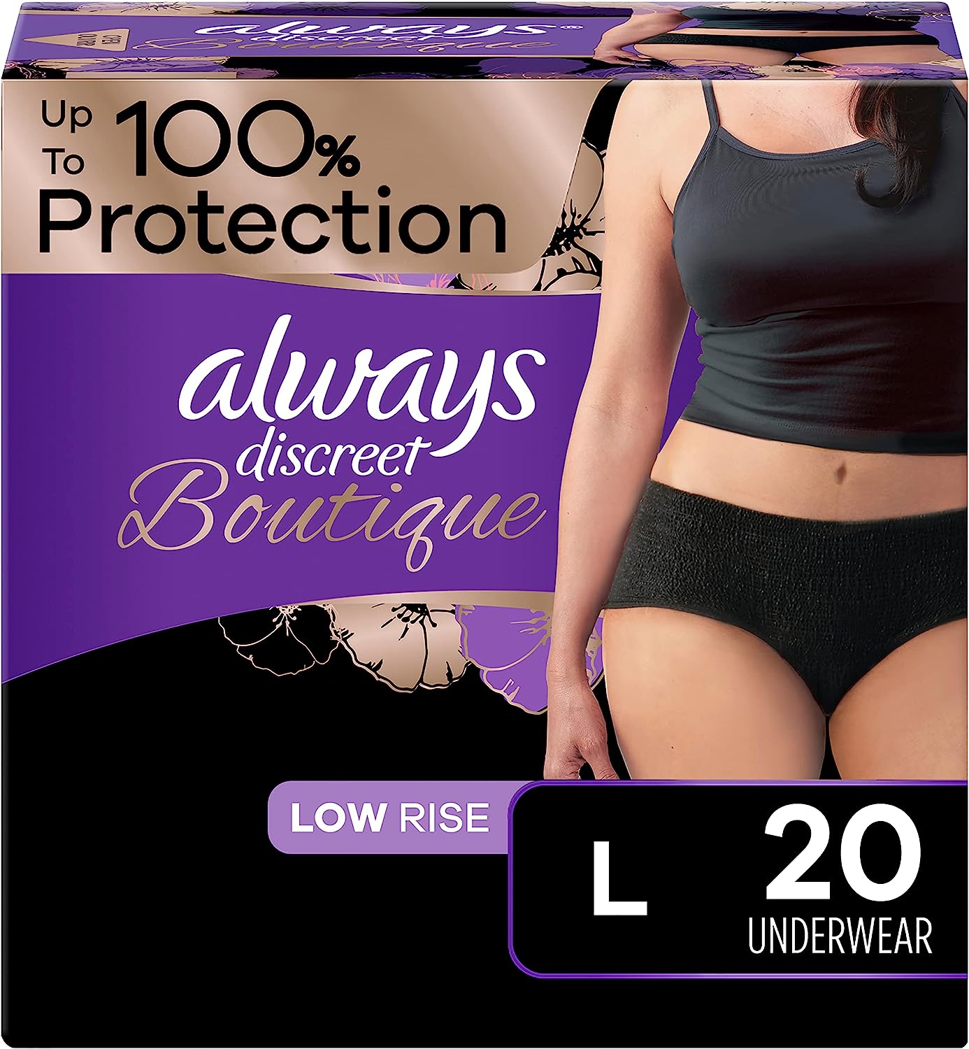 Always Discreet Boutique Adult Incontinence & Postpartum Underwear For Women, Low-Rise, Size Large, Black, Maximum Absorbency, Disposable, 20 Count