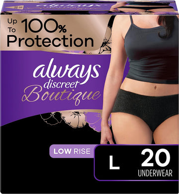 Always Discreet Boutique Adult Incontinence & Postpartum Underwear For Women, Low-Rise, Size Large, Black, Maximum Absorbency, Disposable, 20 Count