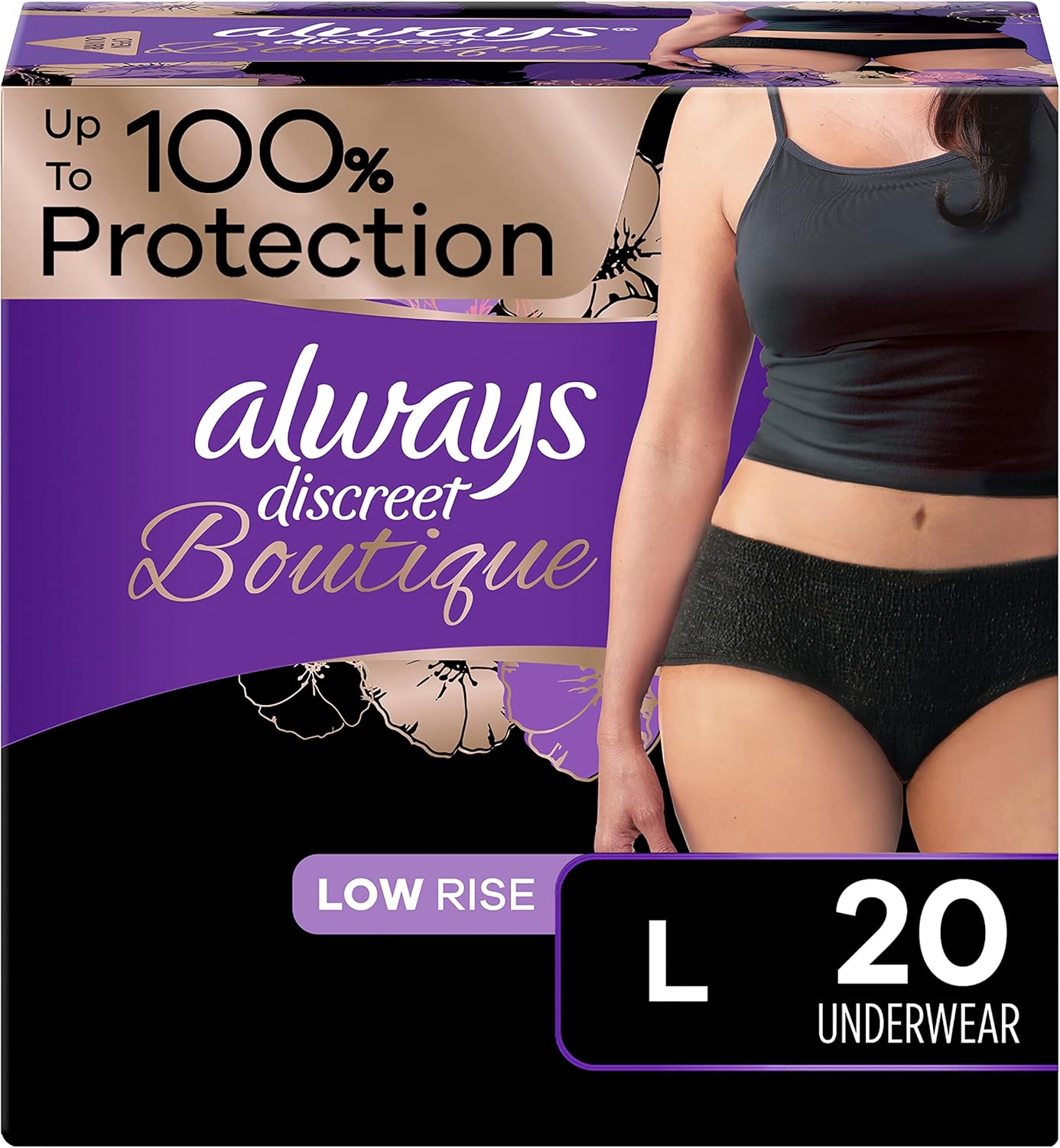 Always Discreet Boutique Adult Incontinence & Postpartum Underwear For Women, Low-Rise, Size Large, Black, Maximum Absorbency, Disposable, 20 Count (Packaging May Vary)