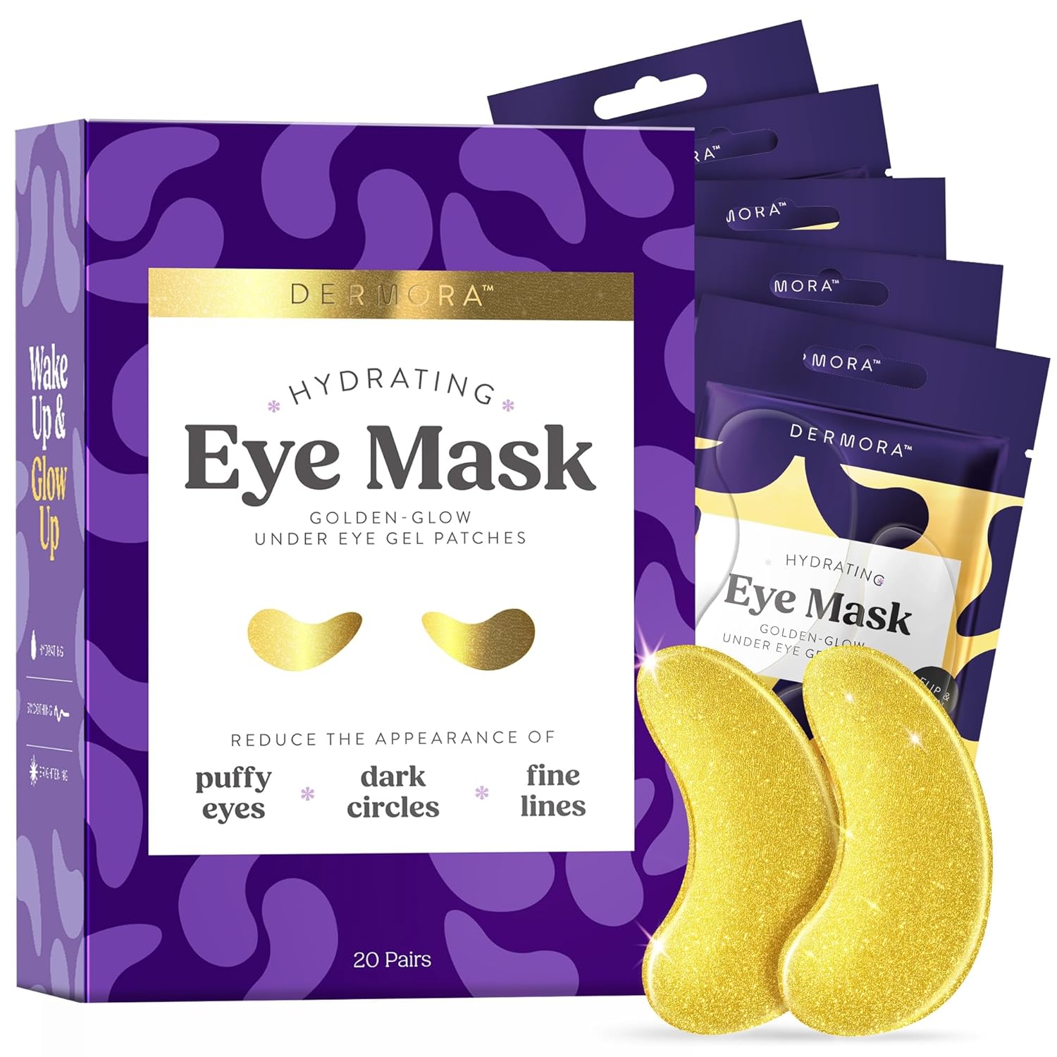 Dermora Wedding-Themed Eye Mask (20 Pairs), Golden Under Eye Patches - Rejuvenating Treatment For Dark Circles, Puffy Eyes, Refreshing, Revitalizing, Travel, Wrinkles