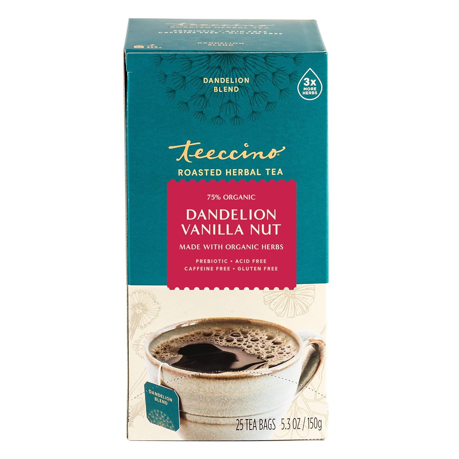 Teeccino Dandelion Herbal Tea - Vanilla Nut - Caffeine Free, Prebiotic, Gluten Free, 3X More Herbs - 25 Tea Bags