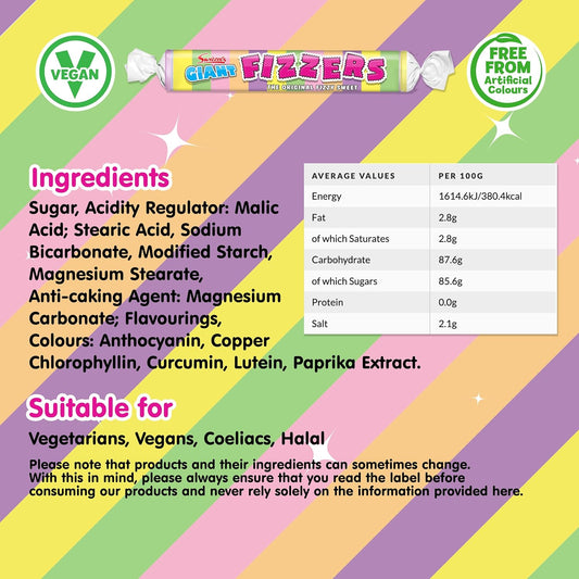 Swizzels Giant Original Fizzer Sweets Vegan Friendly Sweets Delicious Fizzy Multipack 24 Fizzer Rolls