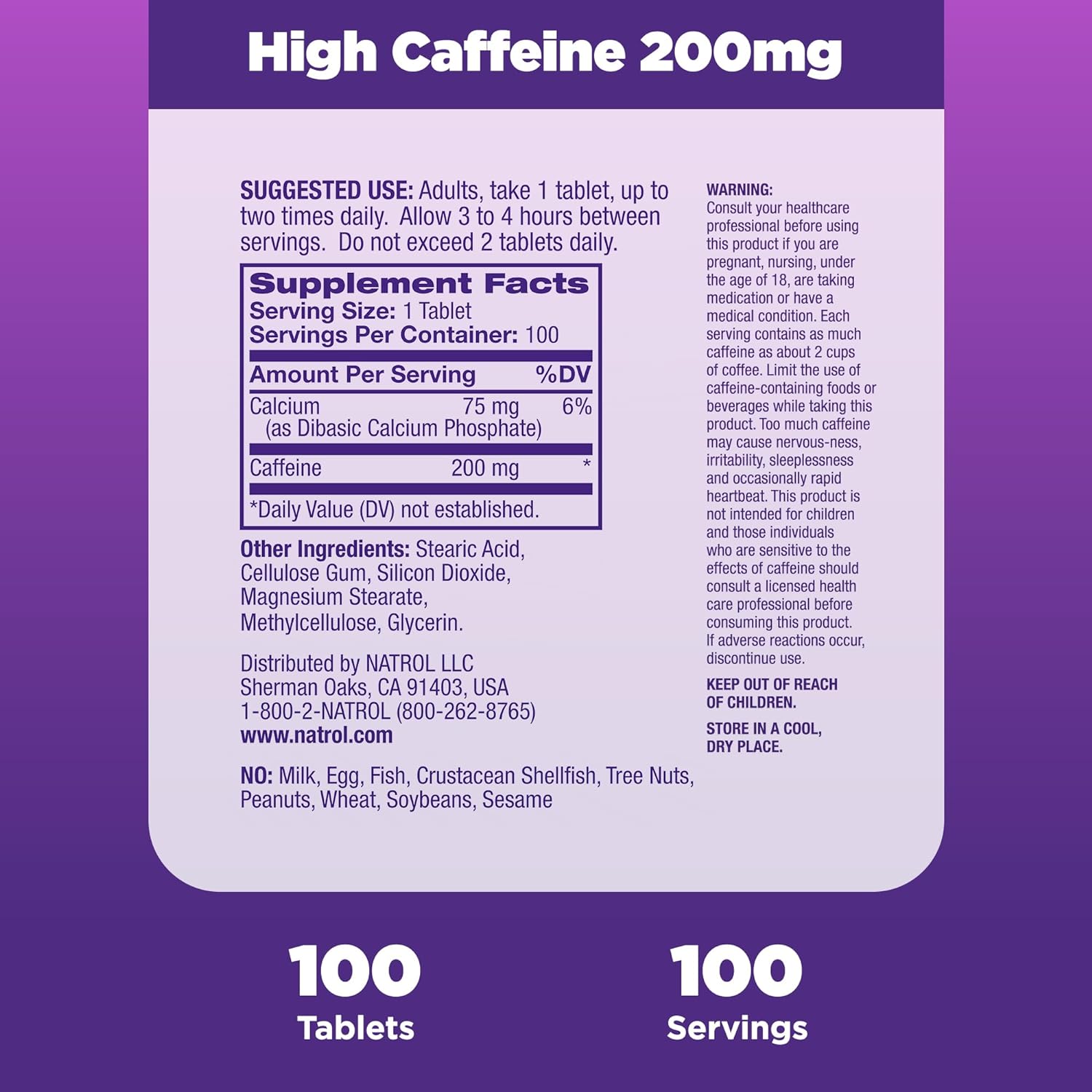 Natrol High Caffeine 200 mg per Serving, Energy Support Supplement for Adults, 100 Tablets, 100 Day Supply : Health & Household