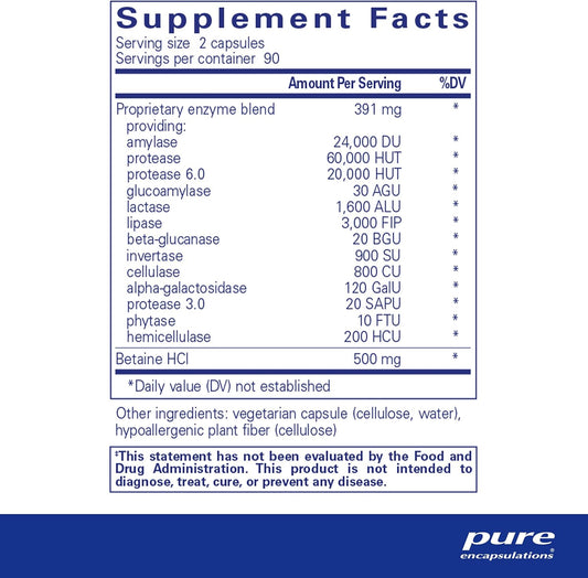 Pure Encapsulations Digestive Enzymes Ultra With Betaine Hcl - Vegetarian Digestive Enzyme Supplement To Support Protein, Carb, Fiber, And Dairy Digestion* - 180 Capsules