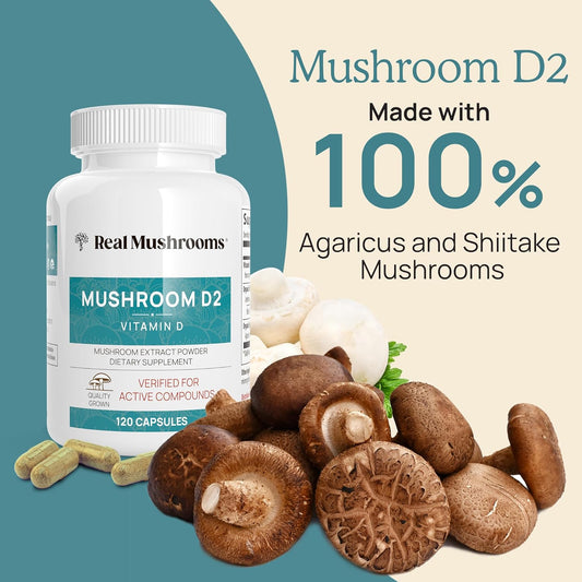 Real Mushrooms Vitamin D2 (120 Ct) Vegan Vitamin D Supplements - Organic Vitamin D Vegan Supplement 1000 Iu Shiitake & Agaricus Mushroom Complex - Vegan Vitamins For Bone & Muscle Health, Energy, Mood