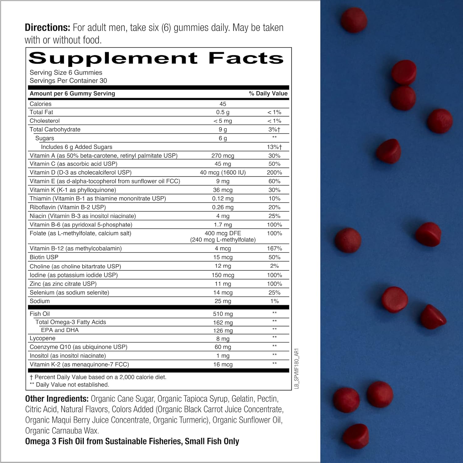 SmartyPants Men's Formula, Daily Multivitamin for Men: Vitamins C, D3, Zinc, Omega 3, CoQ10, & B12 for Immune Support, Energy, Prostate & Heart Health, Fruit avor, 180 Gummies (30 Day Supply)