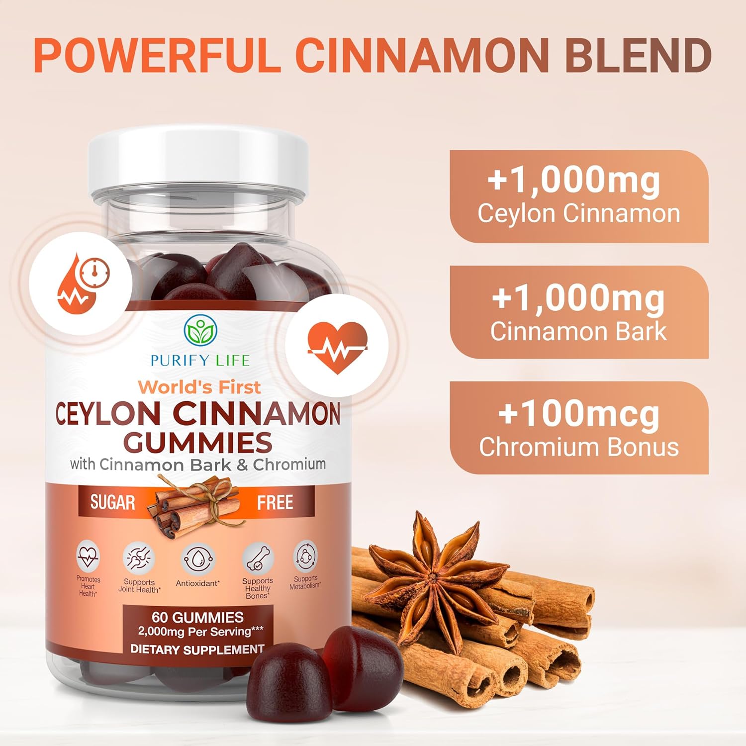 Sugar-Free Ceylon Cinnamon Gummies (2,000mg/Serving) Joint Pain Support Cinnamon Supplement & Brain Health, Vegan, Gluten-Free, Replace Ceylon Cinnamon Capsules, Pills, Powder Extract 60 Chews : Health & Household