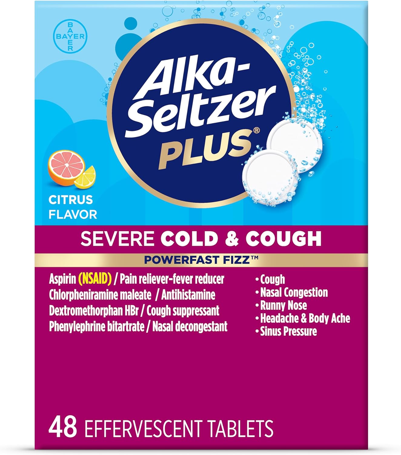 Alka-Seltzer Plus Severe,Cold & Cough Medicine For Adults,PowerFast Fizz Citrus Effervescent Tablets,Fast Relief of Headache,Sore Throat,Nasal & Sinus Congestion,Runny Nose,& Fever,48ct