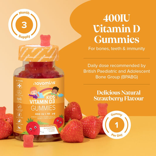 Kids Vitamin D 400 Iu Gummies - 3 Month Supply Of Vitamin D3 - Alternative To Vitamin D3 Tablets & Spray - Gluten-Free Kids Vitamins For Bones & Teeth - Novomins