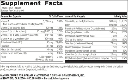 Bariatric Advantage Ultra Solo Without Iron - Once-Per-Day Daily Multivitamin - For Bariatric Patients - With Thiamin, Vitamin A & More - Gluten Free - 90 Capsules